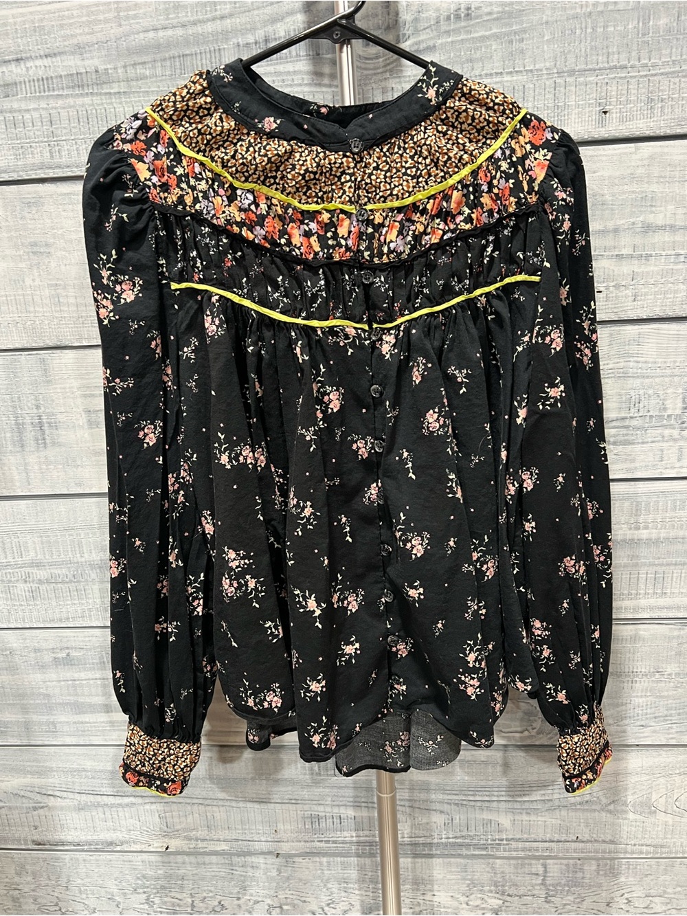 Free People Women’s Black Floral Ruffled Blouse
